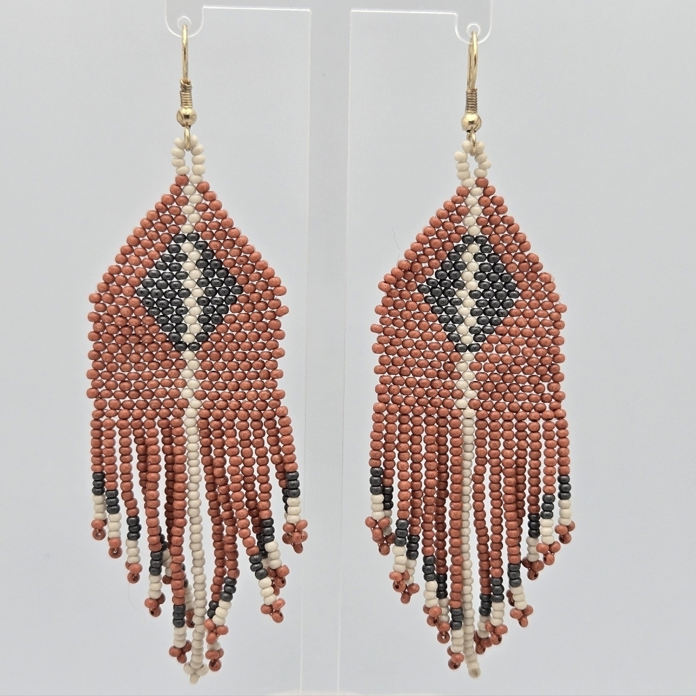 Ink + Alloy Handmade Brown Grey Beaded Fringe Designer Earrings 3.5''